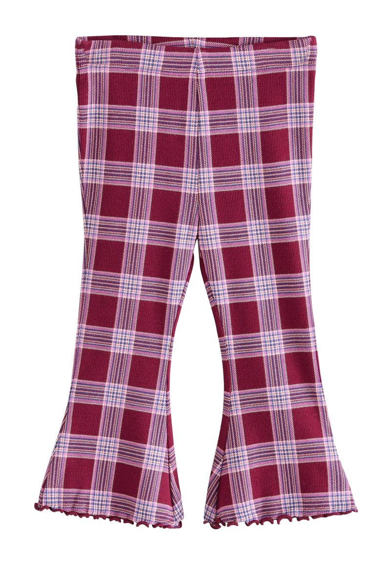 Pantalon évasé avec un motif à carreaux rouge, rose et blanc et des ourlets à bord frisé.