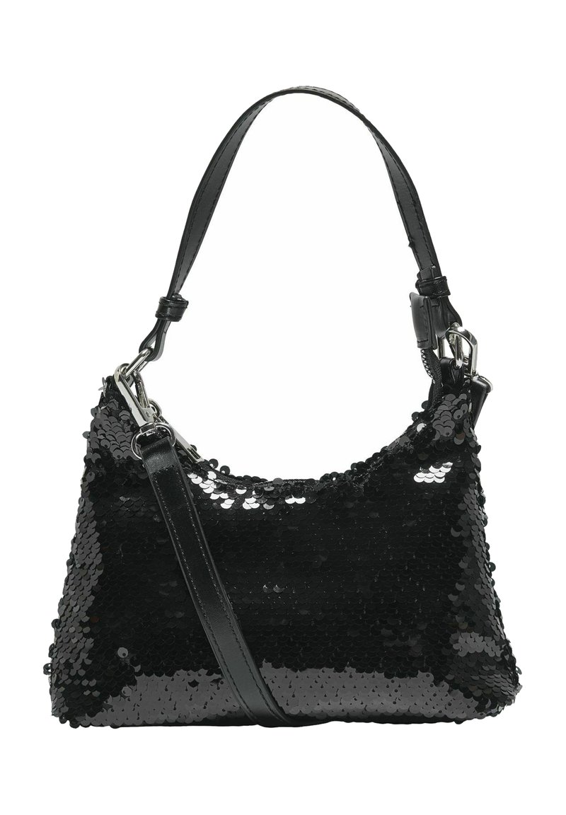 Borsa a tracolla nera con paillettes, dalla forma curva, dotata di una tracolla in pelle e accessori metallici, che mette in mostra una superficie lucida e testurizzata.
