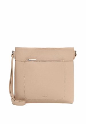 Beige leather crossbody bag with front zip pocket, adjustable strap, and minimalist design by RUE'09.
