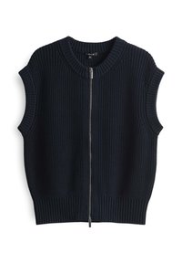 Ärm-lös marinblå stickad väst med ribbad krage, ärmhål, nederkant och silverfärgad dragkedjeslutning fram.