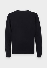 Pull noir à manches longues avec poignets et bas côtelés, col rond, présenté à plat sur un fond blanc uni.