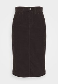 Jupe crayon en velours côtelé marron foncé avec bouton devant, fermeture éclair, passants de ceinture et poches avant, longueur genoux.