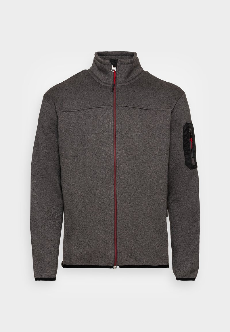 Veste polaire gris foncé à fermeture éclair intégrale avec col montant, bordure de fermeture éclair noire et petite poche zippée sur le haut de la manche gauche.