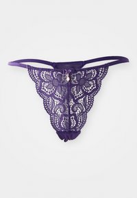 Paarse kanten string met bloemenpatroon, dunne bandjes en een decoratieve strik aan de voorkant. Heeft een zachte elastische tailleband en een gerimpelde achterkant.
