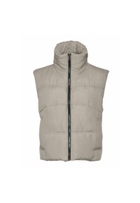 Gilet imbottito in beige chiaro con colletto alto e chiusura frontale con zip. Presenta tasche laterali e un design trapuntato per una maggiore texture.