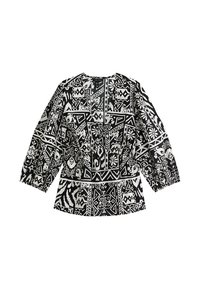 Blouse à motifs noir et blanc avec de longues manches bouffantes, présentant des motifs géométriques, une taille élastique et un col rond.