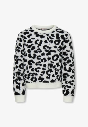 Maglione lavorato a maglia in bianco con stampa leopardata nera, dotato di scollatura rotonda e polsini a costine. Morbido al tatto con una vestibilità casual.