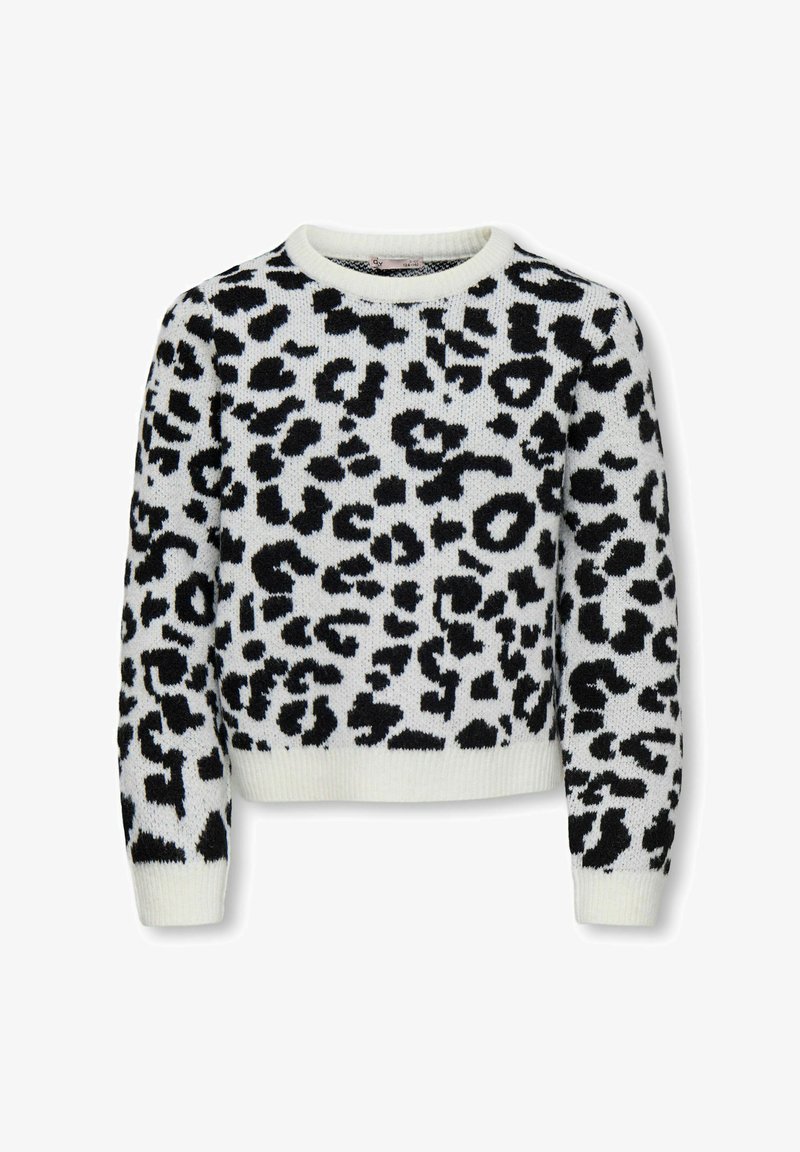 Balta megztinis su juodu leopardų raštu, su apvalia iškirpte ir briaunotais rankogaliais. Minkšta tekstūra ir laisvas siluetas.