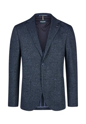 Dunkelblauer, strukturierter Herrenblazer mit zwei Knöpfen, Notch-Revers, Fronttaschen und markeninternem Futter.
