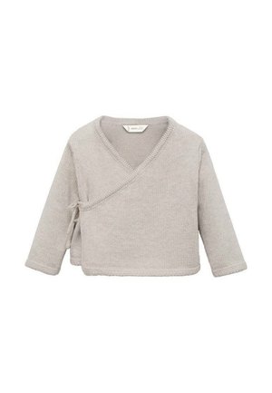 Haut enveloppant tricoté gris clair avec un col en V, des manches longues et un détail noué sur le côté. Texture douce et bords côtelés. Design confortable et douillet.