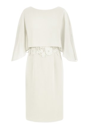 White dress featuring a rounded neckline, flowing cape sleeves, and a floral lace accent at the waist. Smooth texture and knee-length design.