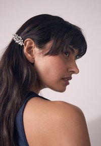 Silberner Haarklammer mit blattförmigem Design, verziert mit mehreren klaren Edelsteinen. Langes, dunkles Haar nach hinten gestylt, das das Accessoire in Gebrauch zeigt.