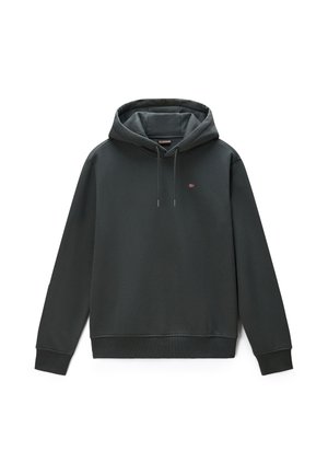 Dark gray pullover hoodie with drawstrings and a small red and white logo on the chest, displayed on a white background.