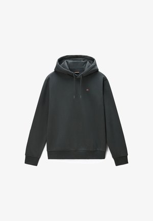 Mørkegrå pullover-hoodie med snore og et lille rødt og hvidt logo på brystet, vist på en hvid baggrund.