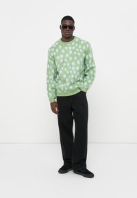 Groene trui met lichtblauwe stippen, ronde hals, lange mouwen; gecombineerd met zwarte wijde broek en zwarte schoenen.