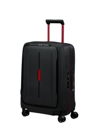 Schwarzer Hartschalenkoffer mit strukturiertem Oberflächen, roten Akzenten, ausziehbarem Griff und vier Rädern für Mobilität. Verfügt über ein integriertes Schloss.