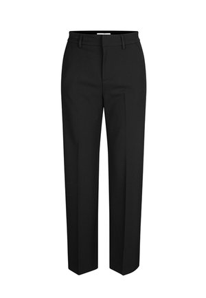 Pantalon noir ajusté avec une coupe droite, des détails de couture à la sole et une taille plate. Confectionné à partir d'un tissu lisse.