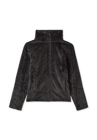 Giacca in pile nera con colletto alto, chiusura con zip, design a righe e tasche laterali. Materiale morbido, vestibilità casual.