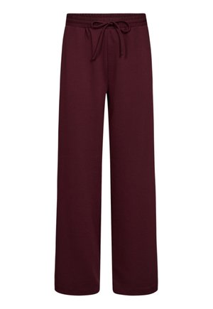 Bordeaux wijde broek van zachte stof, met een elastische tailleband met trekkoord. Glad textuur en geen zichtbare patronen of accenten.
