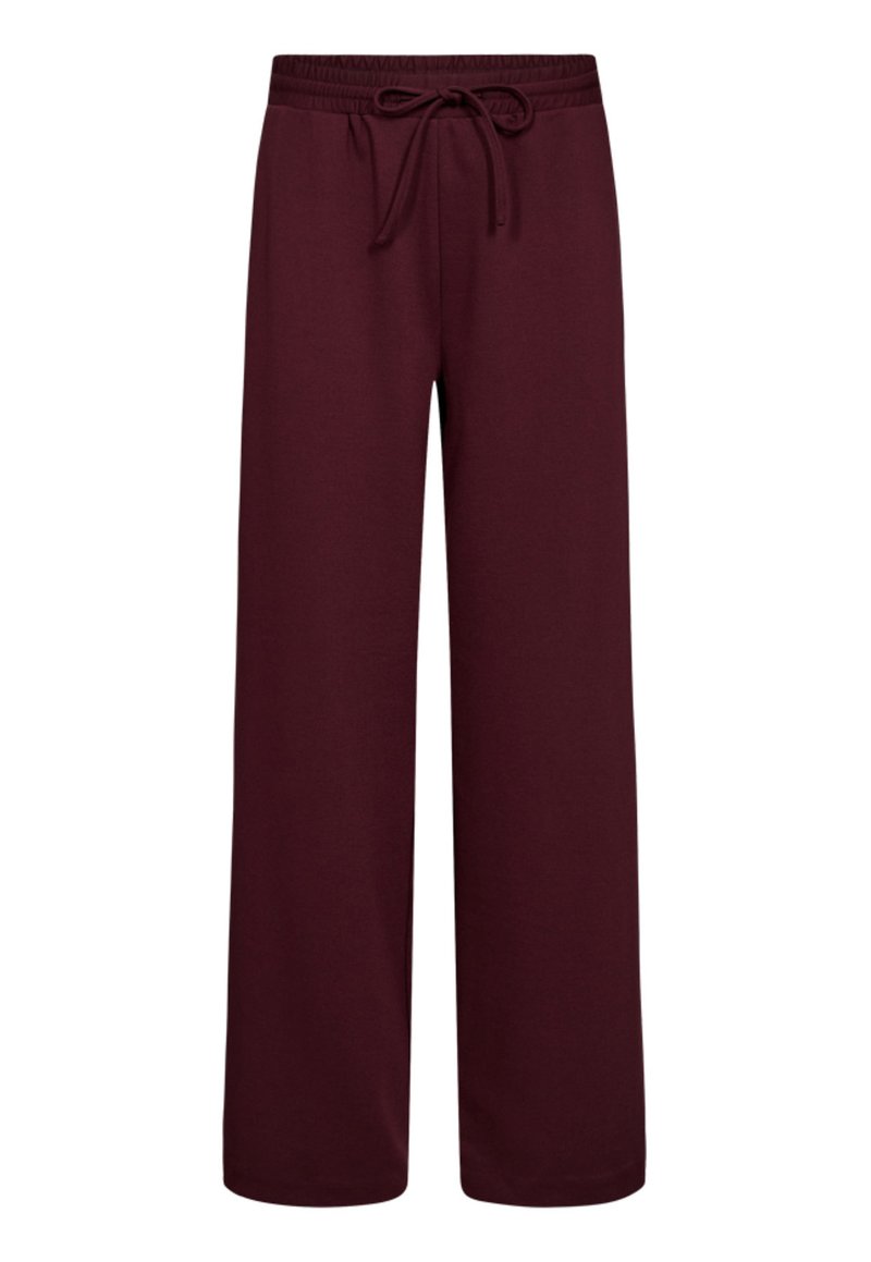 Bordeaux wijde broek van zachte stof, met een elastische tailleband met trekkoord. Glad textuur en geen zichtbare patronen of accenten.