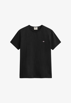 Schwarzes kurzärmeliges Baumwoll-T-Shirt mit kleinem mehrfarbigem GANT-Logo, das auf der linken Brust bestickt ist, und rundem Ausschnitt.