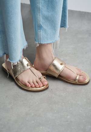 Kuldmetallist sussid laia rihma ja varbateraiga. Lame tald, millel on helepruun alus ja kerge tekstuurne detail rihmal.