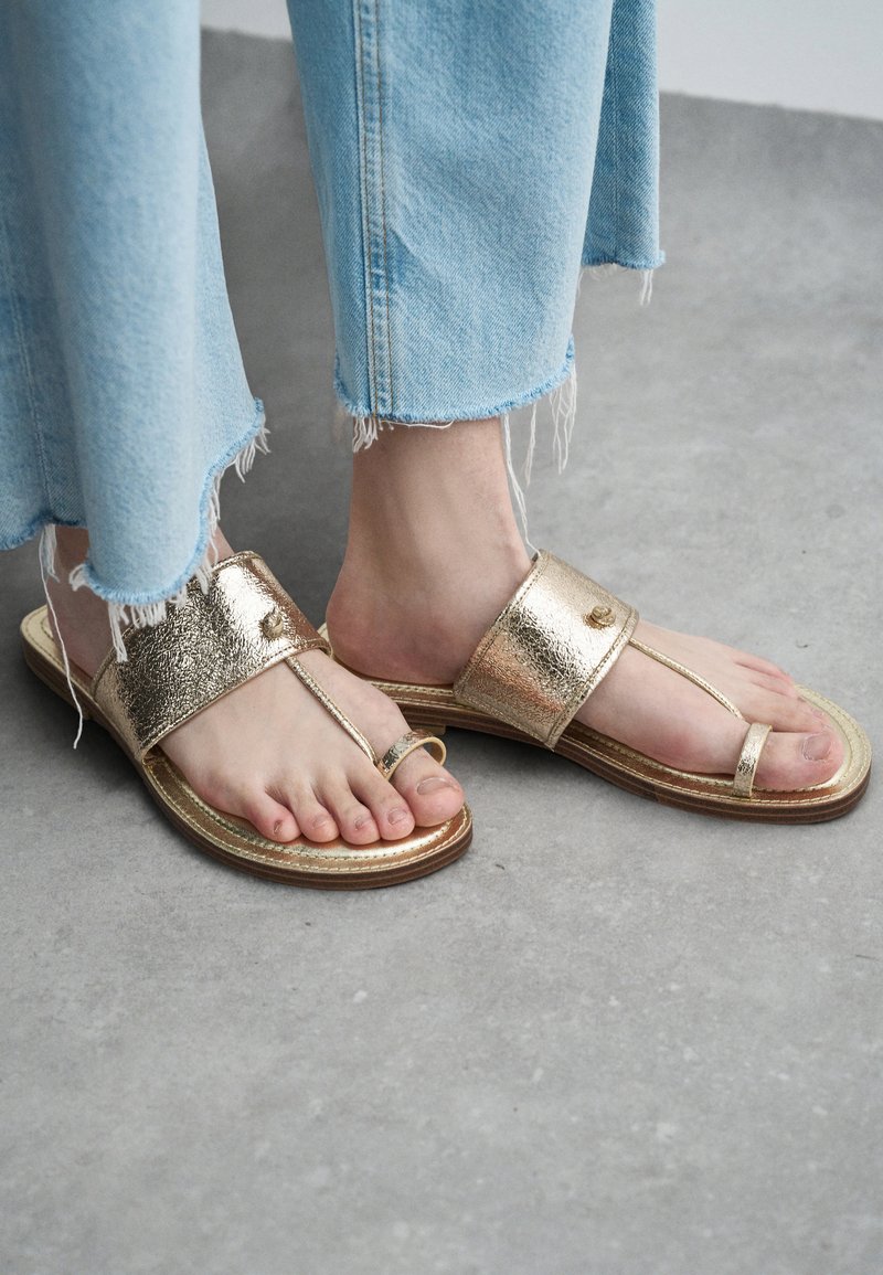 Kultaiset metalliset thong-sandaalit leveällä hihnalla ja varpaankoukun kanssa. Litteä pohja, jossa on vaaleanruskea perusta ja lievää tekstuurista yksityiskohtaa hihnassa.