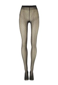 Collant neri trasparenti con motivo a pois; vita alta; design aderente sulla gamba; texture liscia; lunghezza alla caviglia.