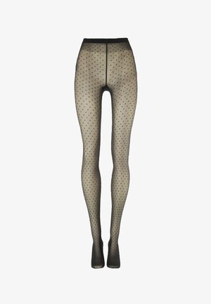Zwarte, doorschijnende panty met stippenpatroon; hoge tailleband; aansluitend beenmodel; gladde textuur; enkelhoogte.