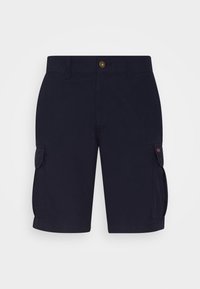 Shorts cargo bleu marine en tissu léger avec deux poches latérales, fermeture à boutons et ourlet cousu.