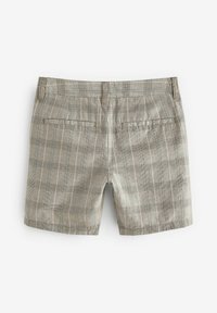 Shorts à carreaux brun clair avec deux poches arrière, présentant un motif à carreaux et des lignes horizontales et verticales en couleurs contrastées.