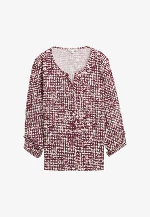 Langärmliges Oberteil in Bordeauxrot mit einem weißen, abstrakten Punktmuster, verfügt über einen V-Ausschnitt, eine dreiknöpfige Knopfleiste und aufgerollte Bündchen. Weicher Stoff.