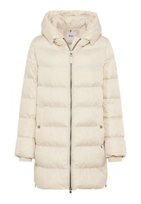 Cremefarvet pufferjakke med lynlåslukning, stor hætte, quiltet tekstur og sidelommer. Har en mærketags indeni og elastiske manchetter.