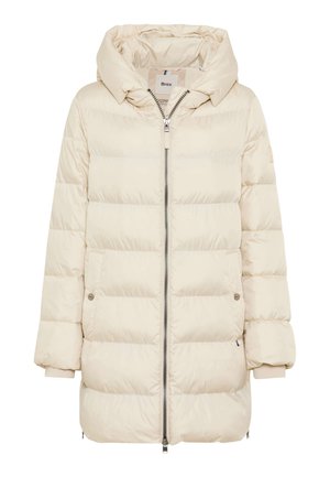 Giacca a vento imbottita color crema con chiusura a zip, cappuccio ampio, imbottitura trapuntata e tasche laterali. Presenta un'etichetta con il marchio all'interno e polsini elasticizzati.