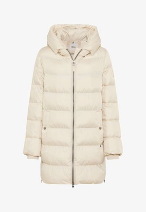 Giacca a vento imbottita color crema con chiusura a zip, cappuccio ampio, imbottitura trapuntata e tasche laterali. Presenta un'etichetta con il marchio all'interno e polsini elasticizzati.