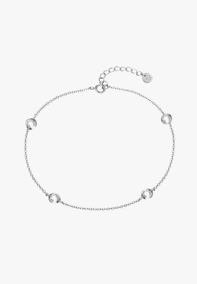 Hõbedane ketigael, millel on ühtlaselt jaotatud ümmargused helmestega aksessuaarid, reguleeritava pandla ja pikendusahela võimalusega.