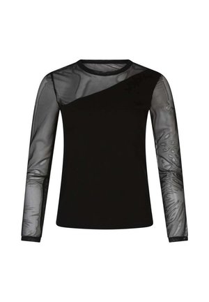 Sort langærmet top med gennemskinnelige mesh-ærmer og øverste del af brystet, med et asymmetrisk panel af solidt stof på forsiden.