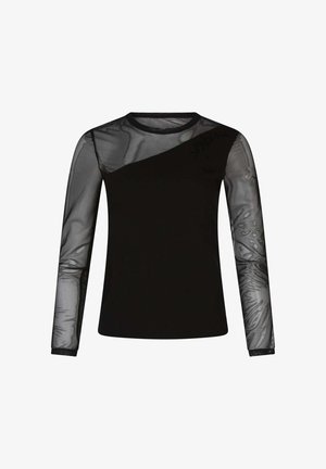 Sort langærmet top med gennemskinnelige mesh-ærmer og øverste del af brystet, med et asymmetrisk panel af solidt stof på forsiden.