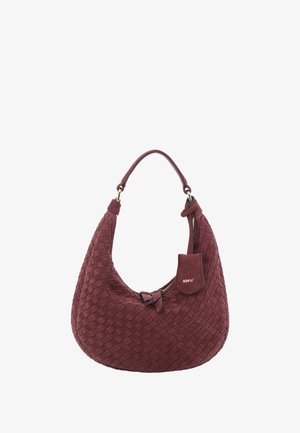 Geflochtener burgunderfarbener Handtasche mit geschwungener Form, einem oberen Griff und einer vorderen Schleifendetail. Verfügt über einen Reißverschlussverschluss und ein kleines Markenschild.