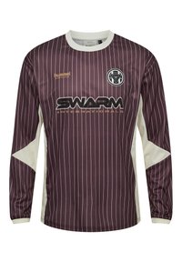 Langærmet sportsjersey i mørk lilla med lodrette striber, hvide detaljer, cirkulært logo og "SWARM" tekst i sort og guld.