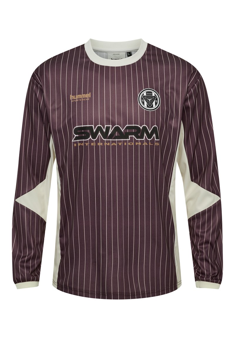 Langærmet sportsjersey i mørk lilla med lodrette striber, hvide detaljer, cirkulært logo og "SWARM" tekst i sort og guld.