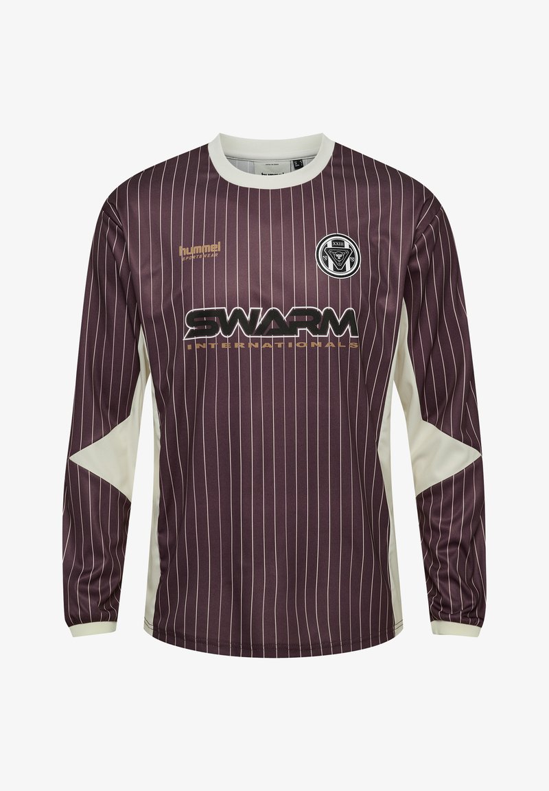 Langärmliges Sporttrikot in Dunkellila mit vertikalen Streifen, weißen Akzenten, rundem Logo und dem Schriftzug "SWARM" in Schwarz und Gold.