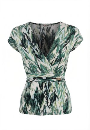 Blouse cache-cœur à motifs zigzag vert, blanc et noir, à manches courtes et ceinture nouée à la taille, de la marque Morgan, taille small.