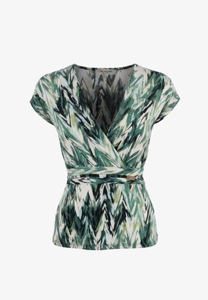 Blouse cache-cœur à motifs zigzag vert, blanc et noir, à manches courtes et ceinture nouée à la taille, de la marque Morgan, taille small.