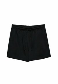 Černé sportovní šortky vyrobené z lehkého materiálu, s elastickým pasem a stahovací šňůrkou. Jednoduchý design a hladká textura.