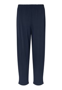 Marineblaue, leichte Stoffhosen mit einem elastischen Bund und schmal zulaufenden Bündchen am Knöchel. Glatte Textur, keine sichtbaren Muster.