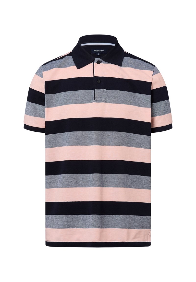 Kurzarm-Polohemd in marineblau, rosa und grauen Streifen. Mit Kragen, drei-Knopf-Leiste und geradem Saum. Aus weichem Stoff gefertigt.