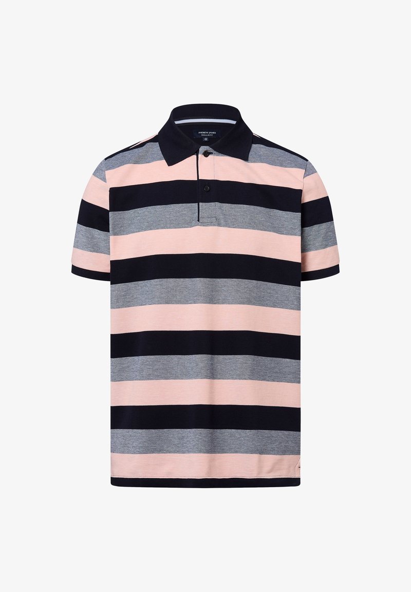 Korte mouwen polo shirt in marineblauw, roze en grijze strepen. Beschikt over een kraag, een drie-knopen sluiting en een rechte zoom. Gemaakt van zachte stof.