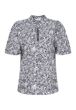 Marineblå blomstret bluse med hvidt mønster, korte puffede ærmer, mandarin-krave, nøglehul halsudskæring og let stof.