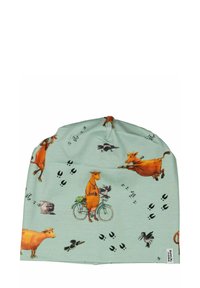 Puuvillapipo vaaleanvihreänä, jossa on sarjakuvamaisia lehmiä, lintuja ja eläinjälkiä. Ominaisuuksiin kuuluu pehmeä tekstuuri ja kootut huiput käytettävyyden takaamiseksi.